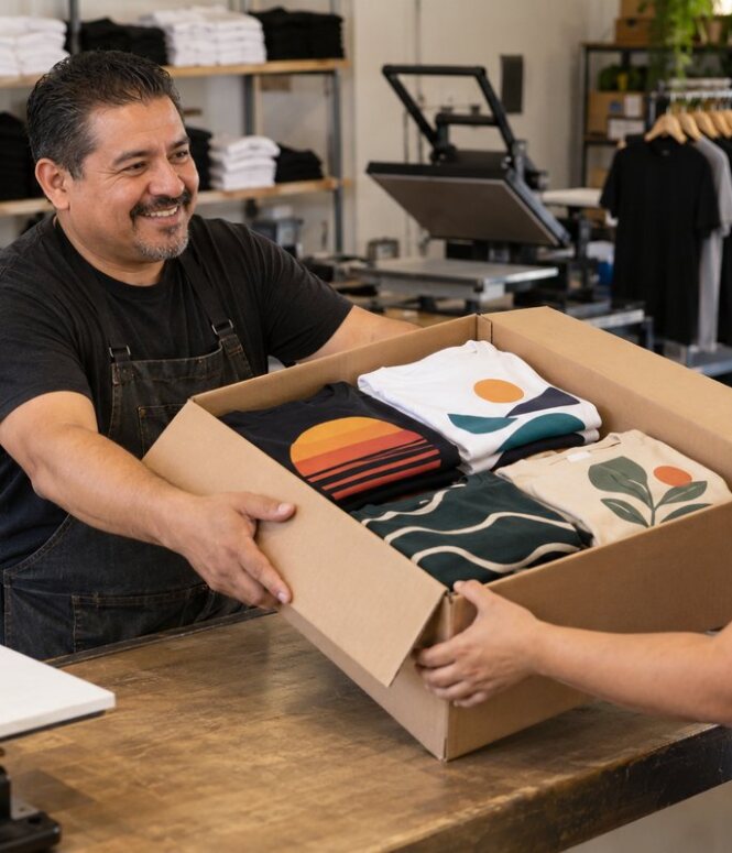 Shop owner handing a box of finished custom printed shirts to a customer