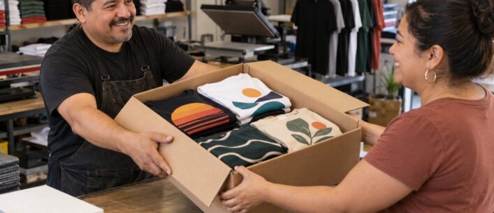 Shop owner handing a box of finished custom printed shirts to a customer