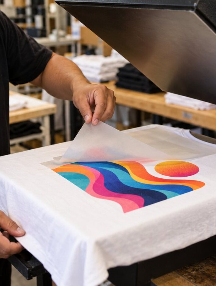 Peeling the film off a full-color DTF transfer after heat pressing it onto a white t-shirt