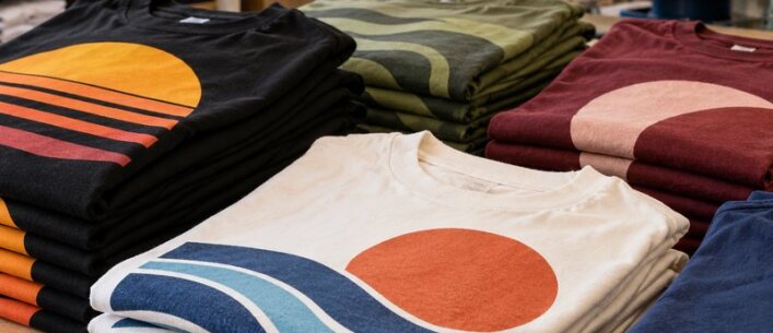 Stacks of folded custom screen printed t-shirts on a work table