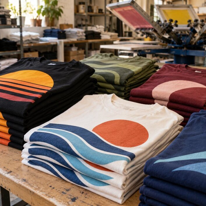 Stacks of folded custom screen printed t-shirts on a work table