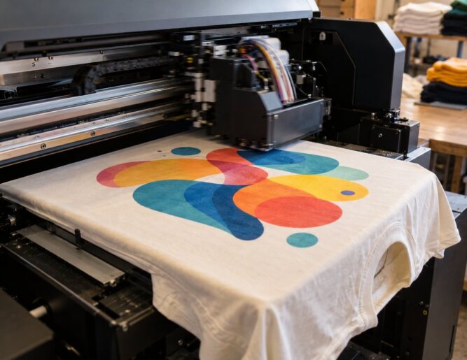 Direct-to-garment printer printing a full-color design on a cream t-shirt