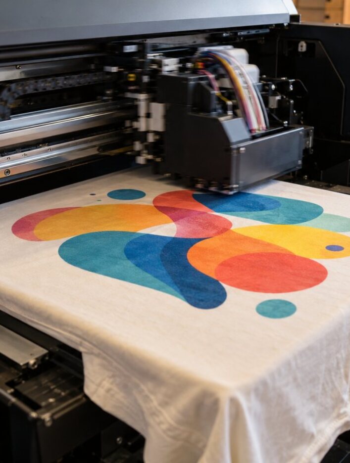 Direct-to-garment printer printing a full-color design on a cream t-shirt