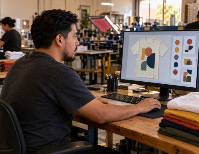Designer working on a t-shirt mockup at a computer inside the print shop