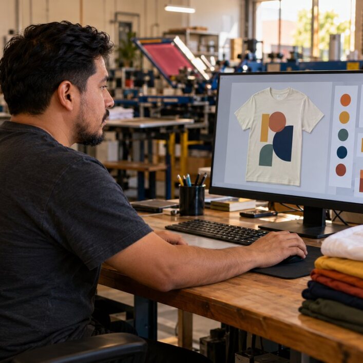 Designer working on a t-shirt mockup at a computer inside the print shop