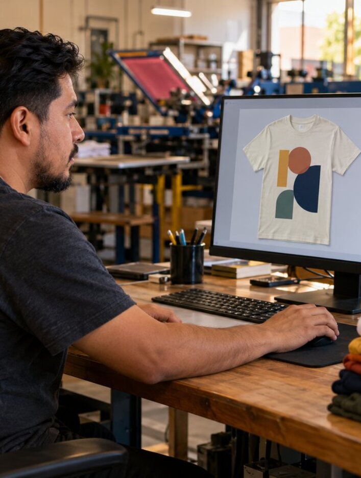 Designer working on a t-shirt mockup at a computer inside the print shop