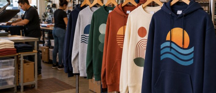 Rack of custom printed hoodies and sweatshirts in assorted colors