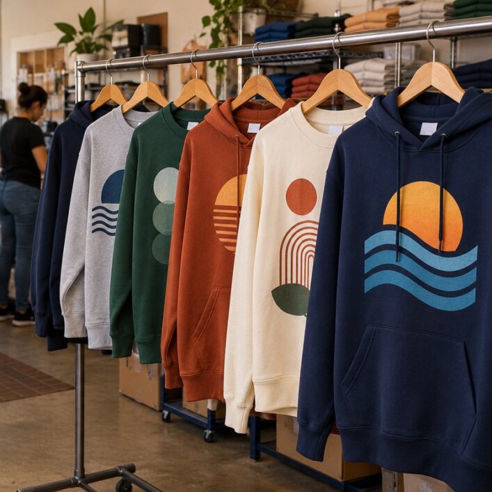Rack of custom printed hoodies and sweatshirts in assorted colors