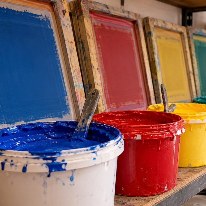 Buckets of blue, red, yellow and green screen printing ink in front of coated screens