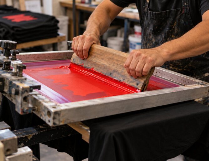 Printer pulling red ink across a screen with a squeegee onto a black t-shirt