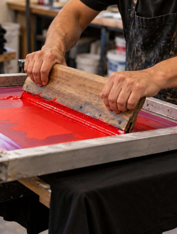 Printer pulling red ink across a screen with a squeegee onto a black t-shirt
