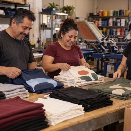 Family team folding freshly printed custom t-shirts at Custom Shirt Printing in Los Angeles