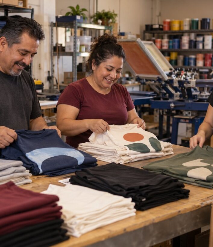 Family team folding freshly printed custom t-shirts at Custom Shirt Printing in Los Angeles