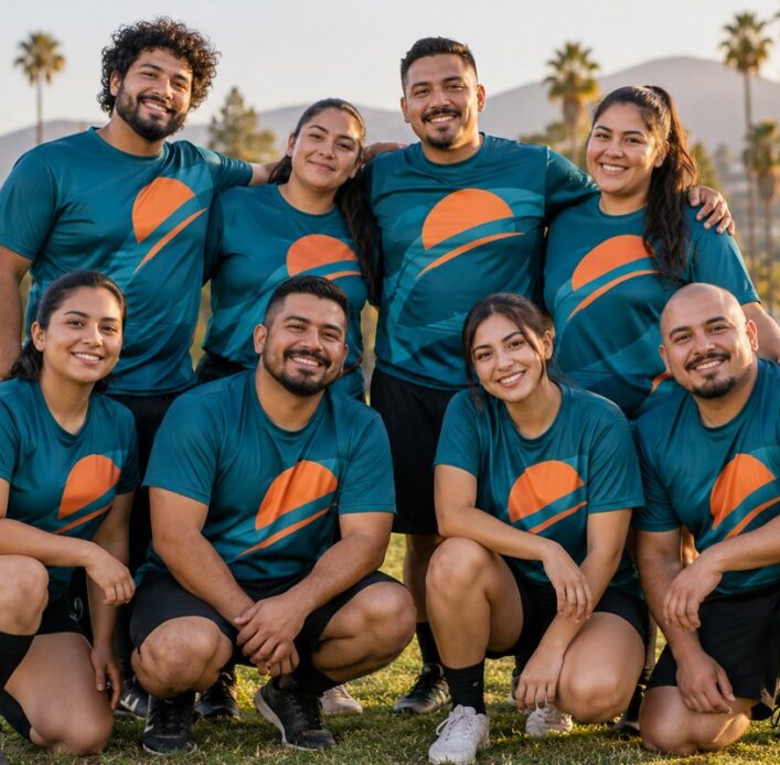 Recreational sports team wearing matching custom printed jerseys at a Los Angeles park